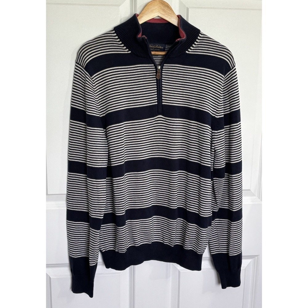 Brooks Brothers Supima Cotton 1/4 Zip Sweater Men's M Navy White Striped
